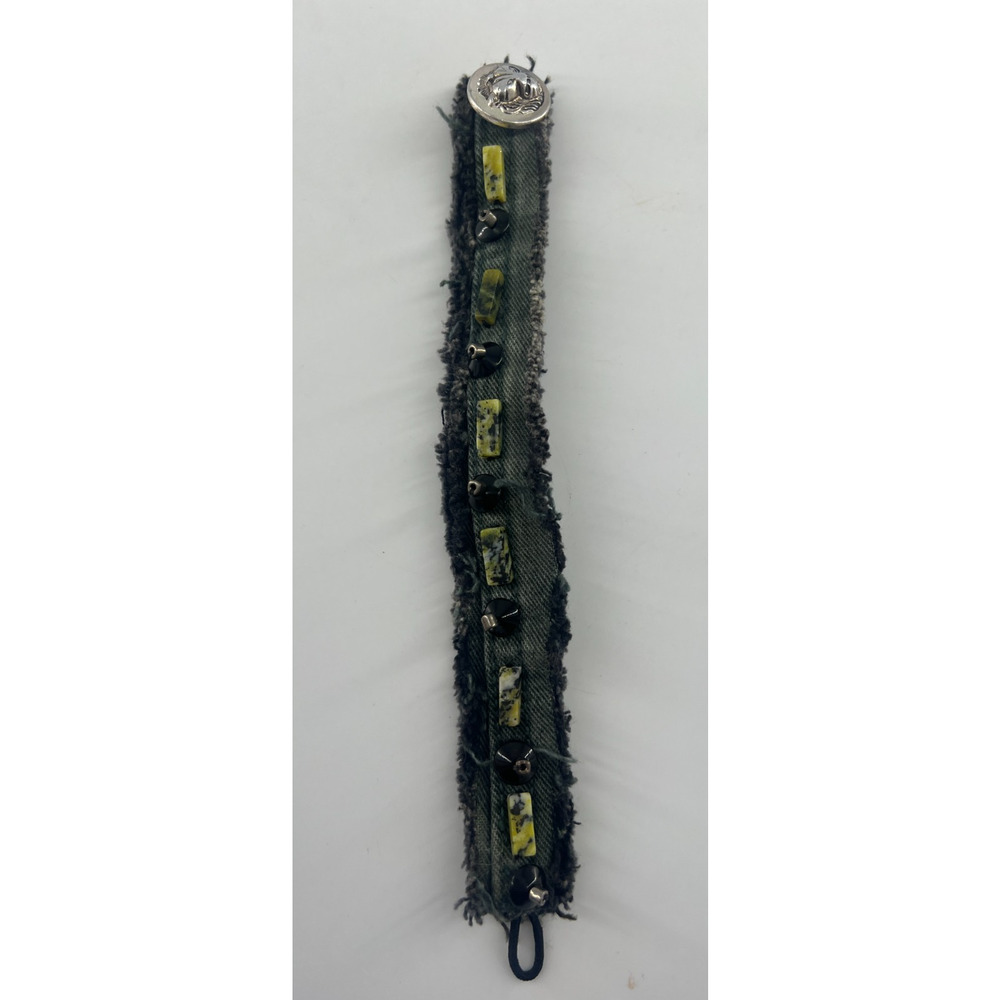 Handmade Denim Jean Black Green Beaded Bracelet Boho Bohemian Indie Button Clasp - Picture 1 of 8